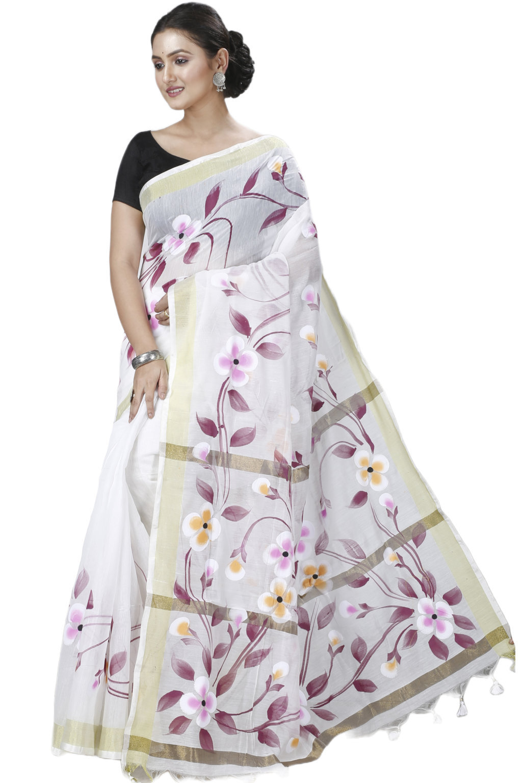Cream Blended Cotton Tonika Hand Painted Saree (1218)